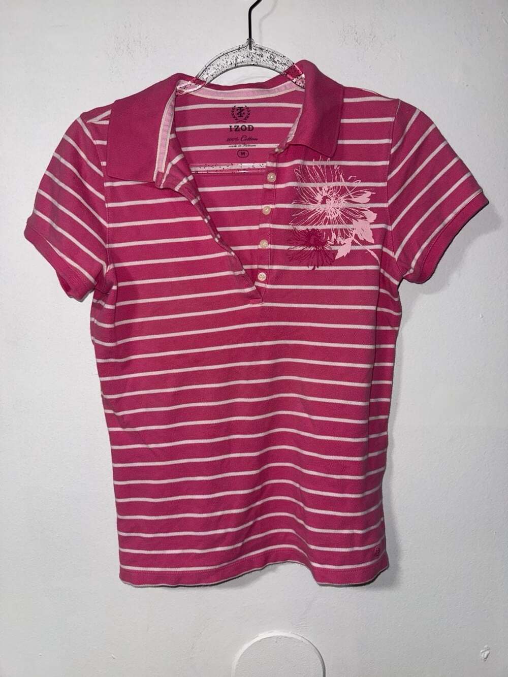 IZOD Women's Pink and White Striped Floral Short Sleeve Polo Shirt Size M